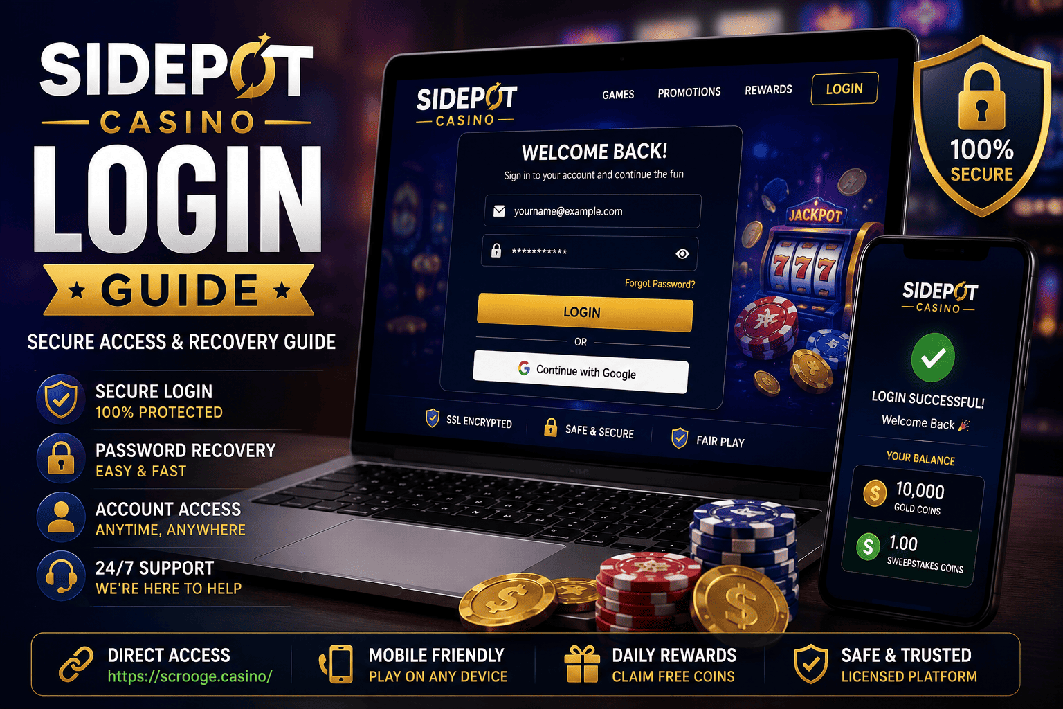 Sidepot Casino Login guide showing secure account access, sign in process, password recovery, and troubleshooting solutions.