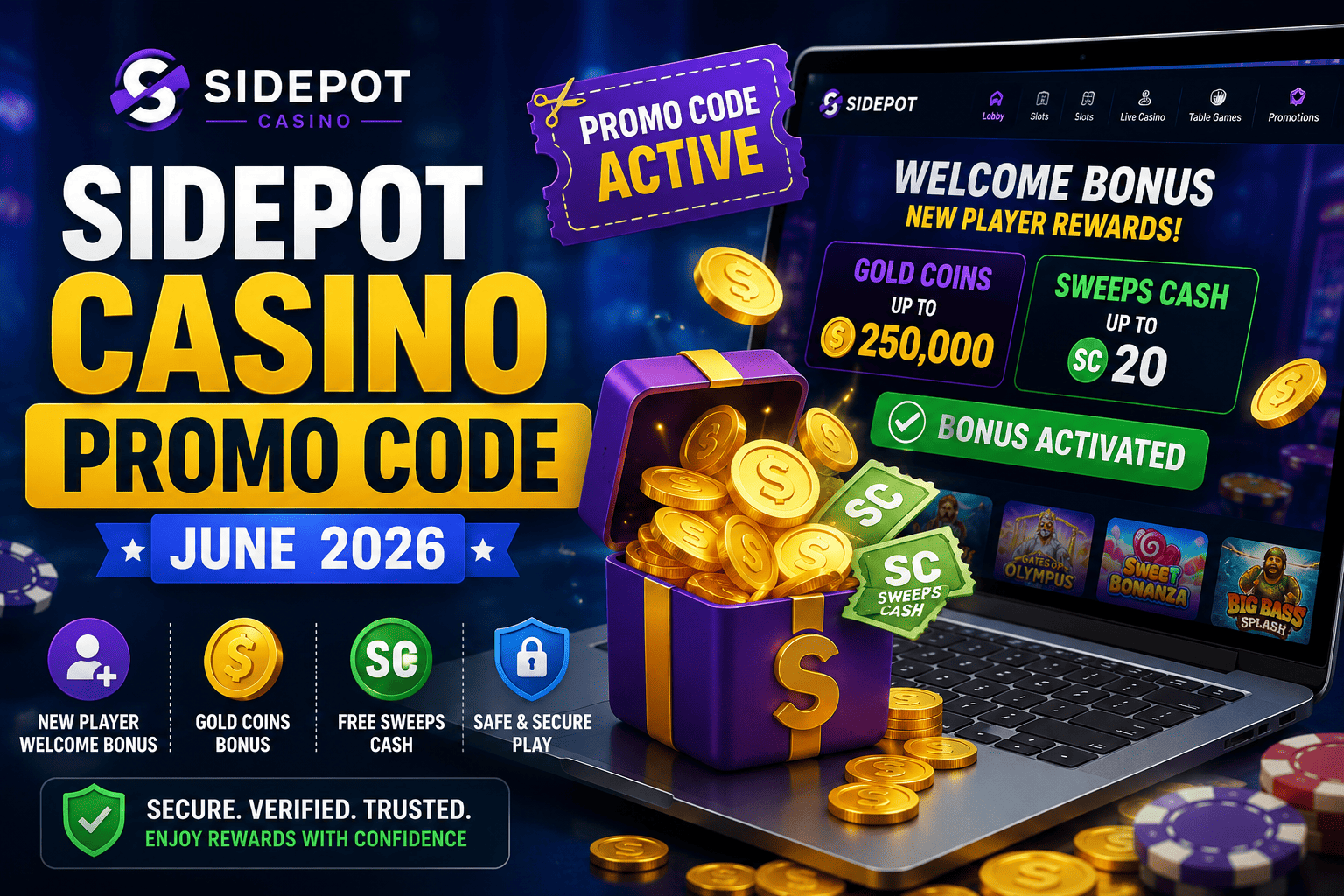 Sidepot casino promo code featuring welcome bonus, free Sweeps Cash, Gold Coins, and player rewards