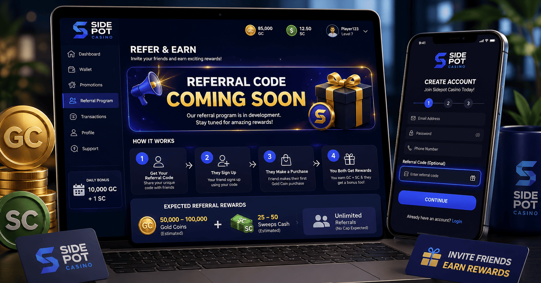 Sidepot Casino referral code dashboard showing upcoming referral rewards and bonus program details