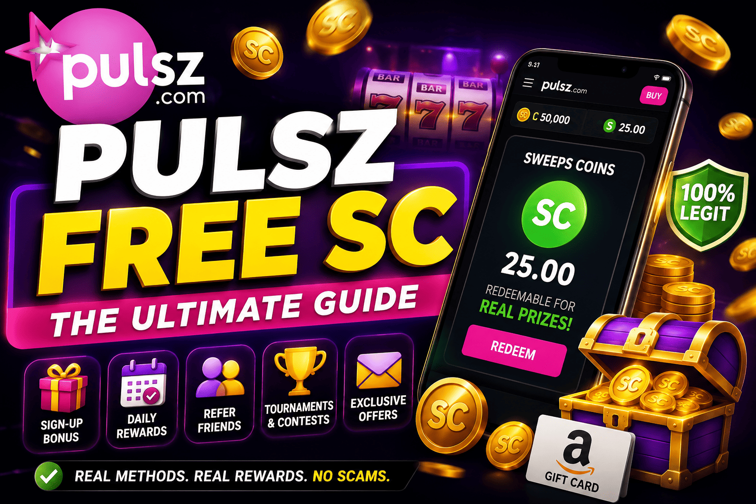 Pulsz Free SC featured image showing bonus coins, daily rewards, sweepstakes prizes, and legit free SC offers
