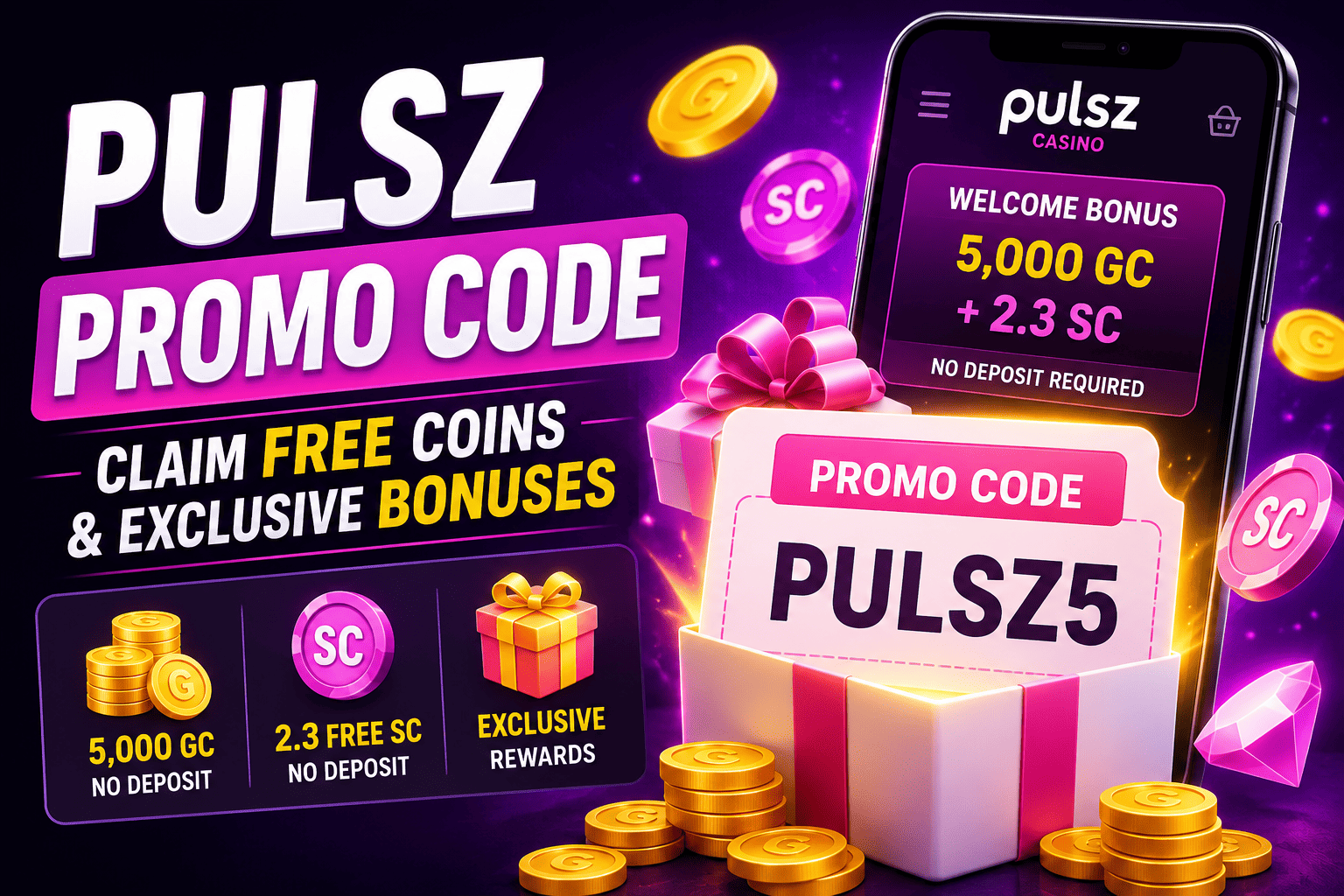 Pulsz Promo Code featured image showing free Sweeps Coins, welcome bonus, Gold Coins, and exclusive signup rewards.