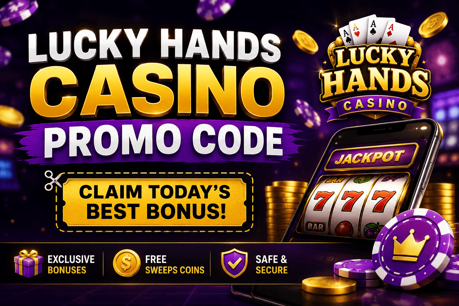 Lucky Hands Casino Promo Code showing welcome bonus, free Sweeps Coins rewards, referral bonus offers, and daily login rewards for new players in 2026
