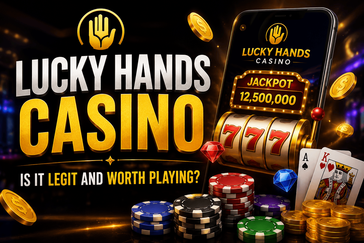 Lucky Hands Casino review banner with casino slots, jackpot display, gaming chips, and mobile-friendly gaming platform