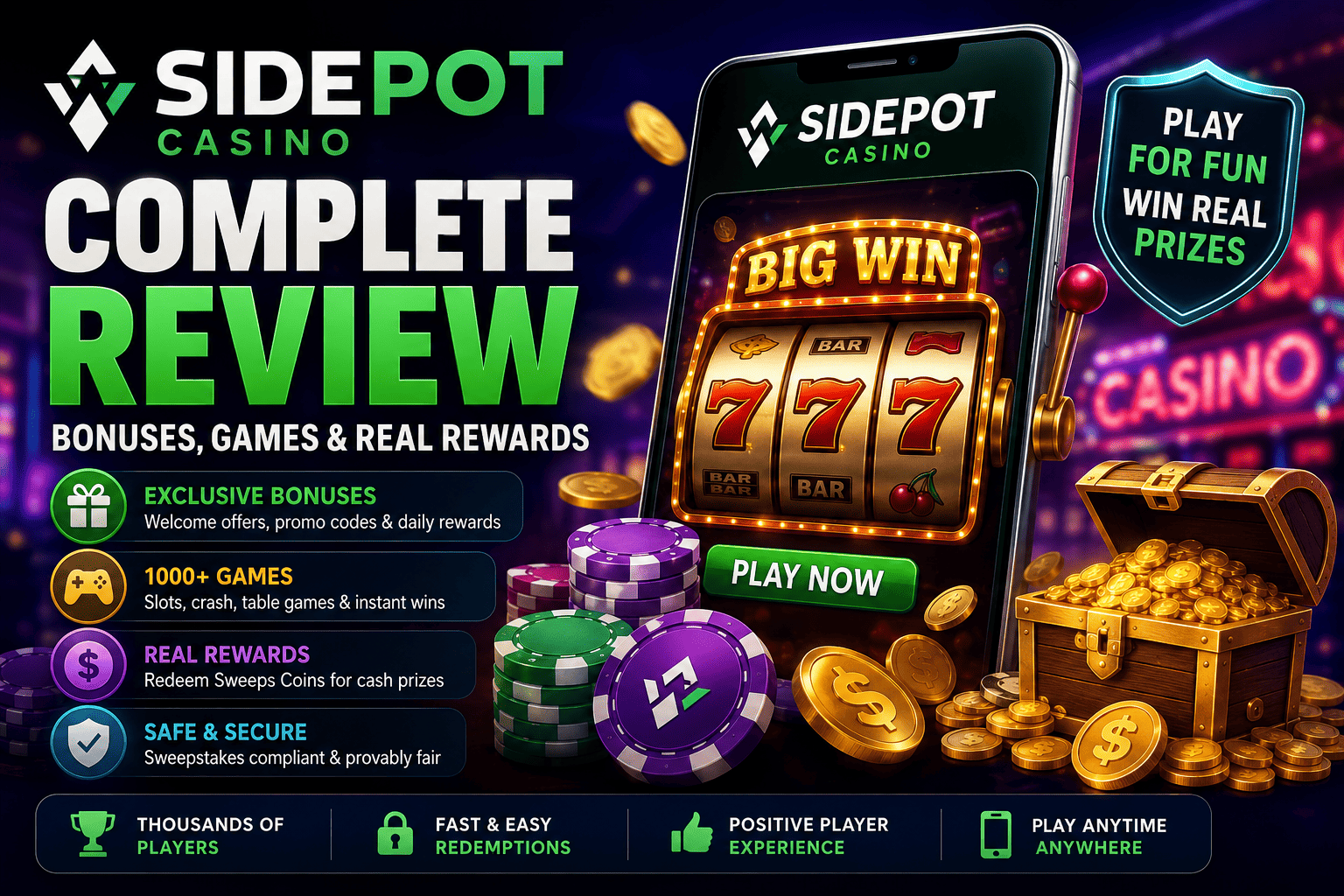 Sidepot Casino review banner showing bonuses, games, rewards, sweepstakes prizes, and mobile gameplay