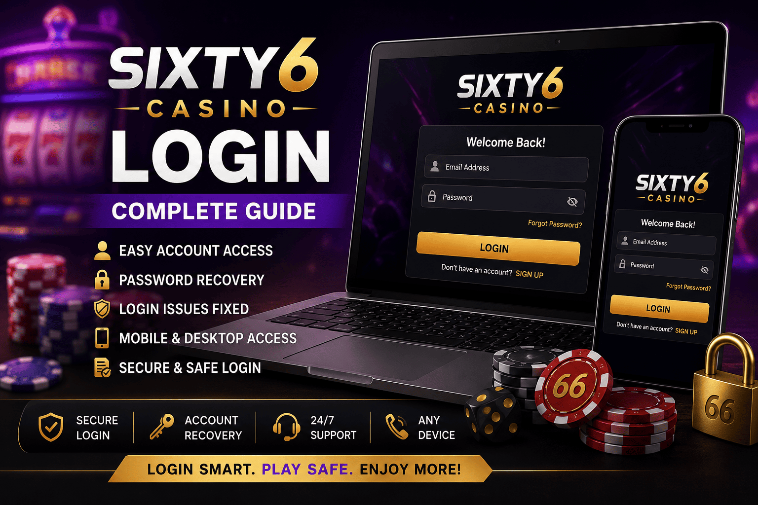 Sixty6 Casino login page displayed on desktop and mobile devices with secure account access features.