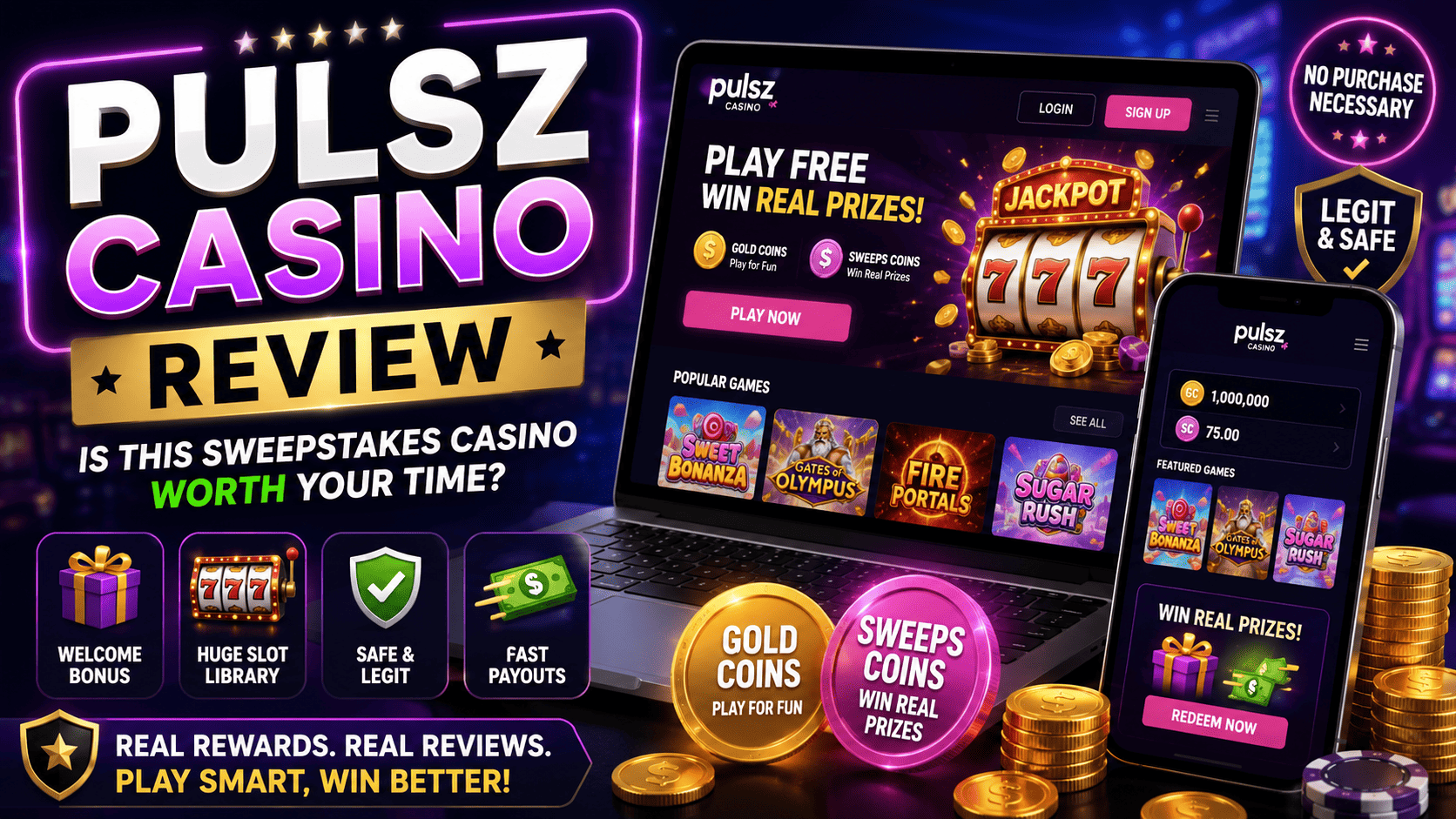 Pulsz Casino review showing welcome bonus, Gold Coins, Sweeps Coins, mobile app, slots, and real prize features