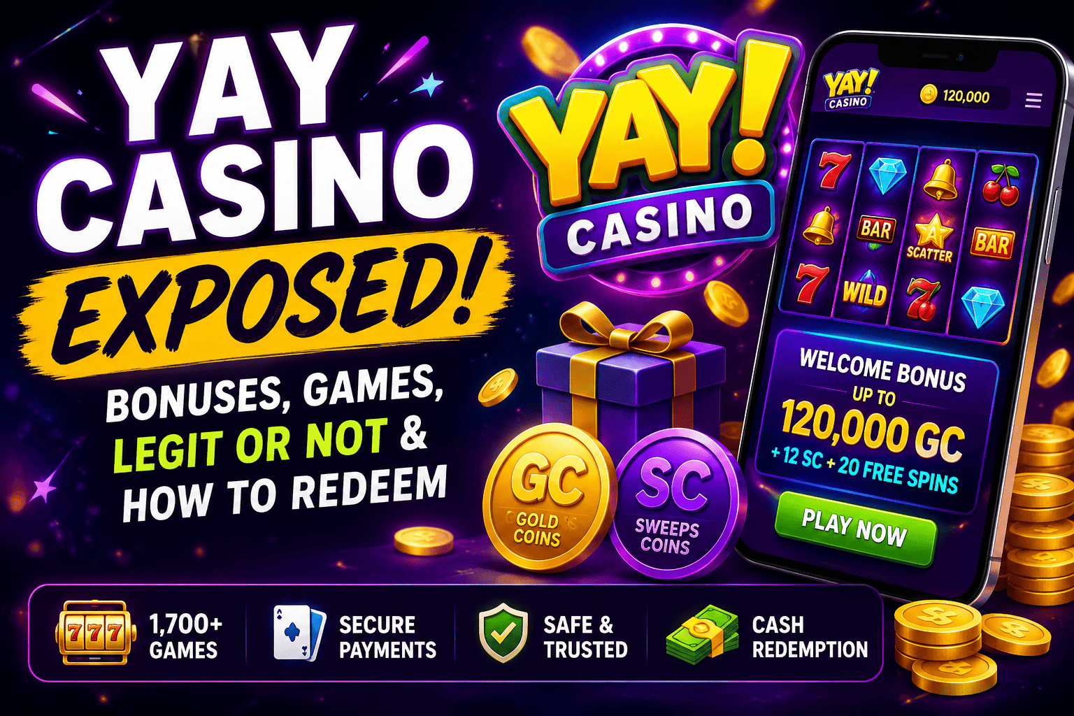 Yay Casino exposed with welcome bonuses, 1,700+ games, Gold and Sweeps Coins, safe payments, and cash rewards
