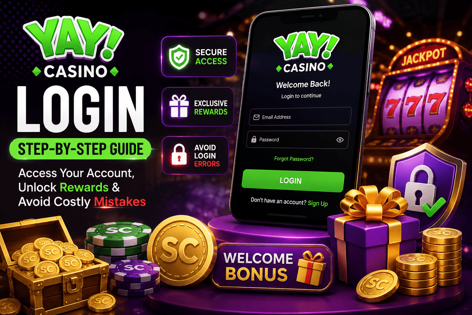 Yay Casino Login guide showing secure sign in, welcome bonus, rewards, login fixes and safe account access.