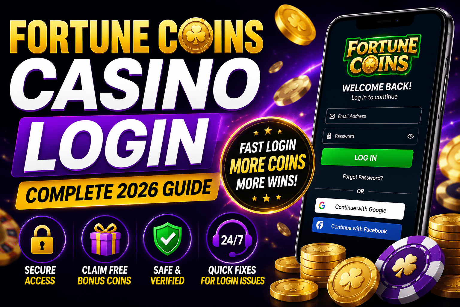 Fortune Coins Casino Login guide showing secure sign in, daily bonus coins, login fixes, mobile access, and account verification steps