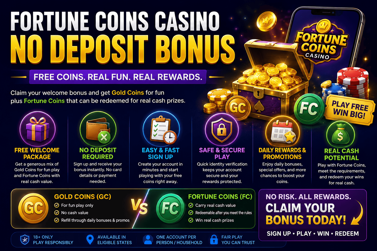 Fortune Coins Casino No Deposit Bonus features with free coins, secure signup, and real cash rewards