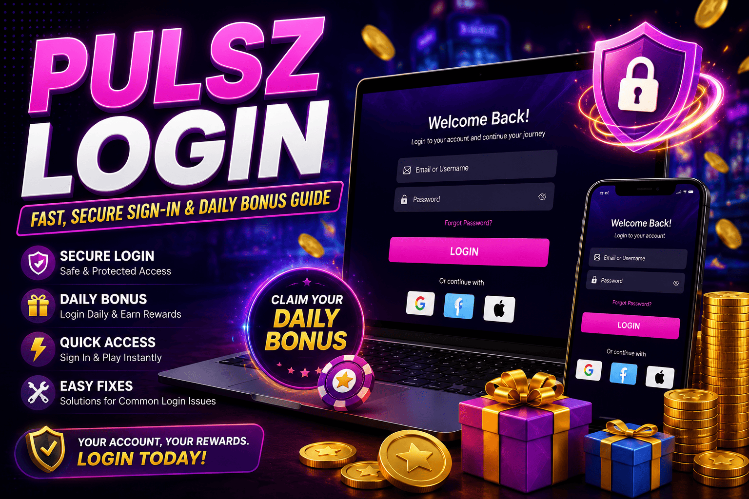 Pulsz Login secure sign-in screen with daily bonus rewards, account access, password recovery and login guide