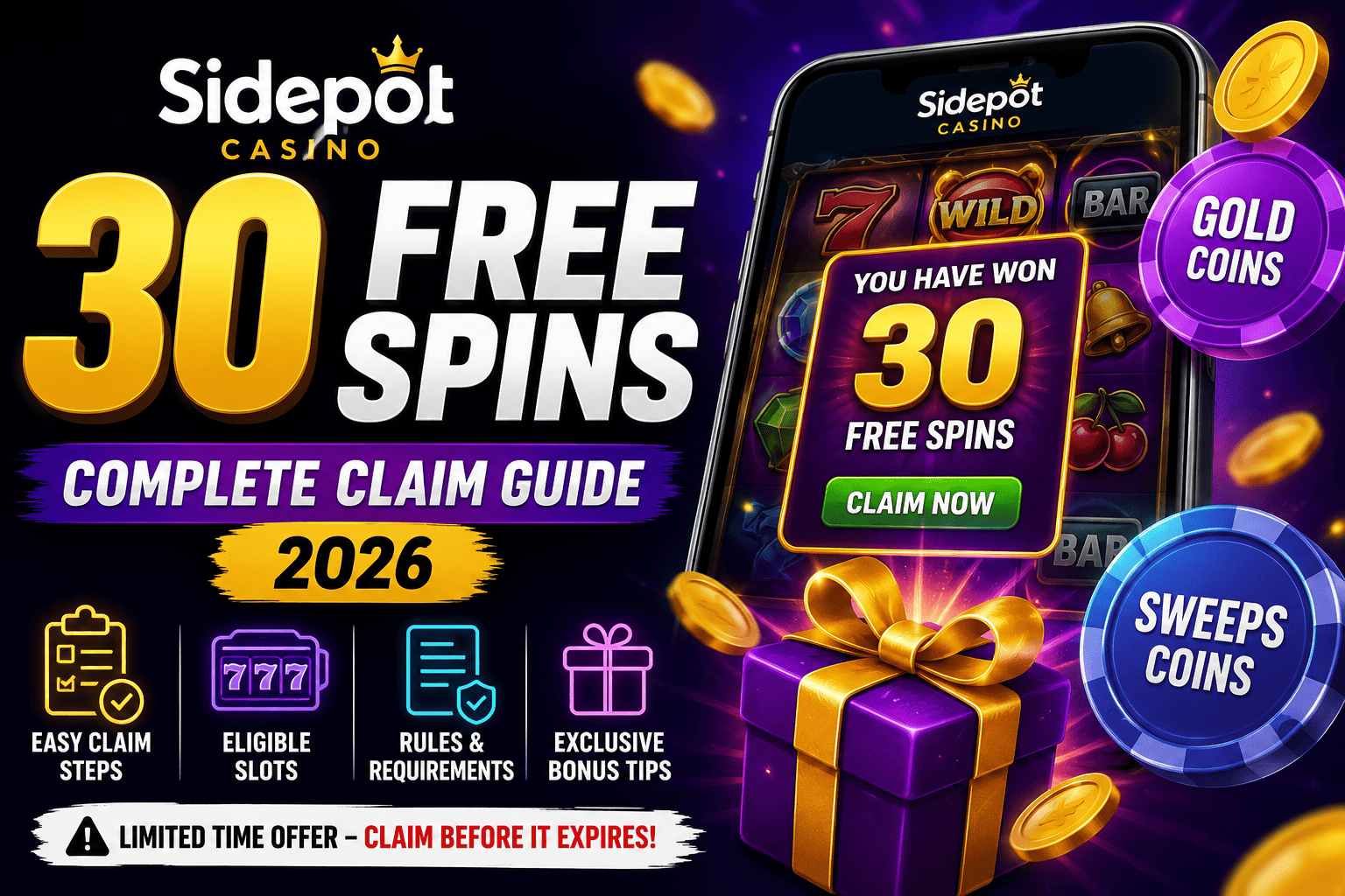 Sidepot Casino 30 Free Spins complete claim guide with bonus rewards, easy steps, and exclusive free spins offer